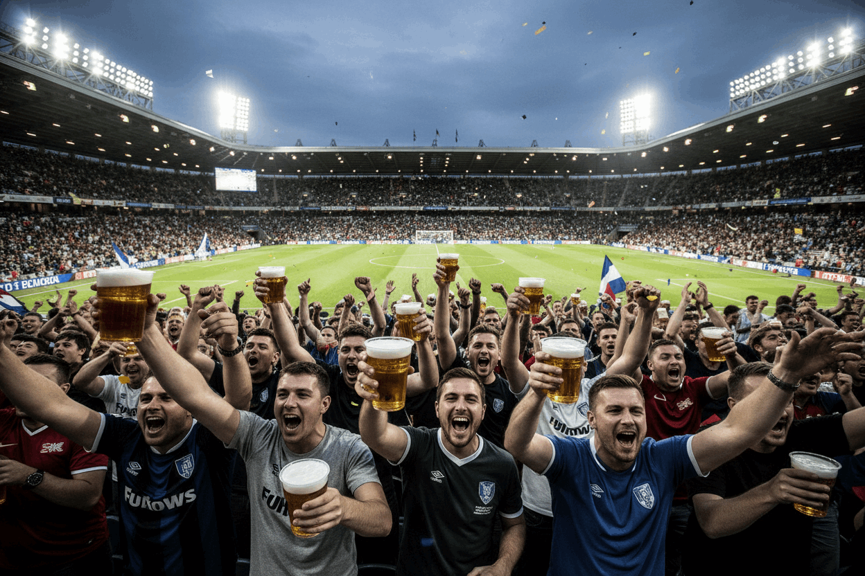 Football fans in a stadium drinking from clear plastic half pint glasses