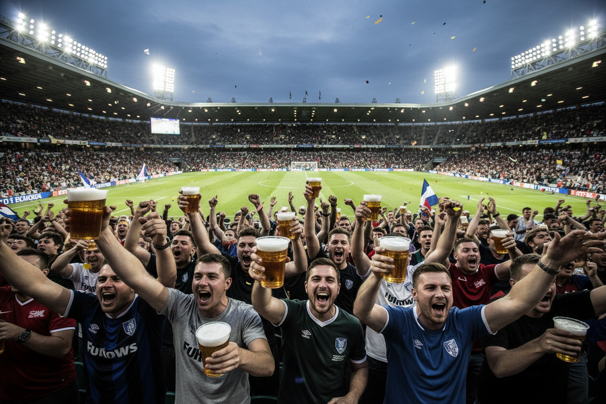 Football fans in a stadium drinking from clear plastic half pint glasses