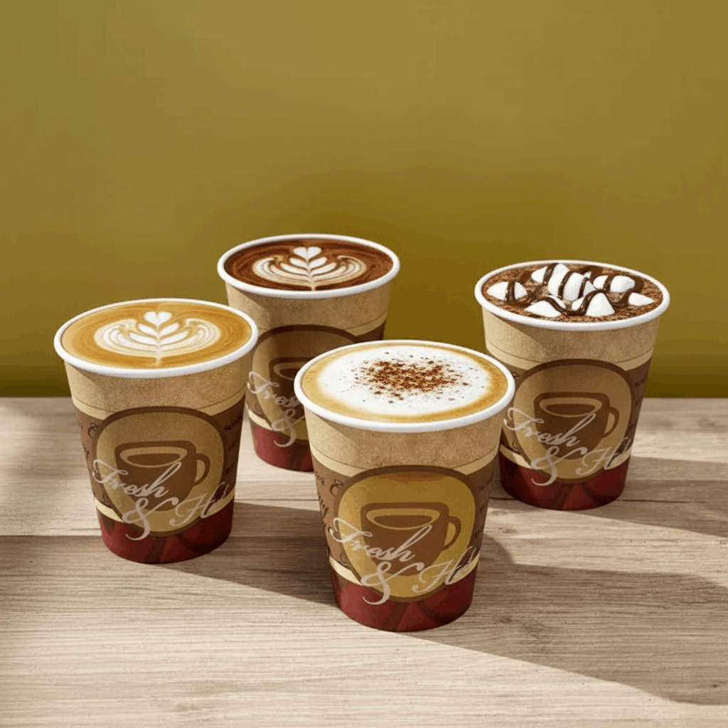 Fresh & Hot branded coffee cups filled with different coffees on a rustic wooden table