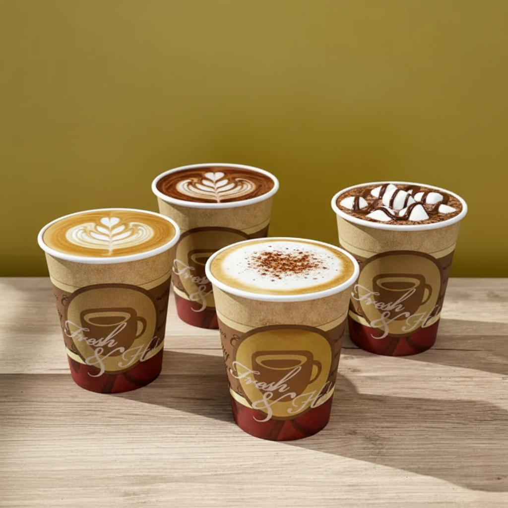 Fresh & Hot branded coffee cups filled with different coffees on a rustic wooden table