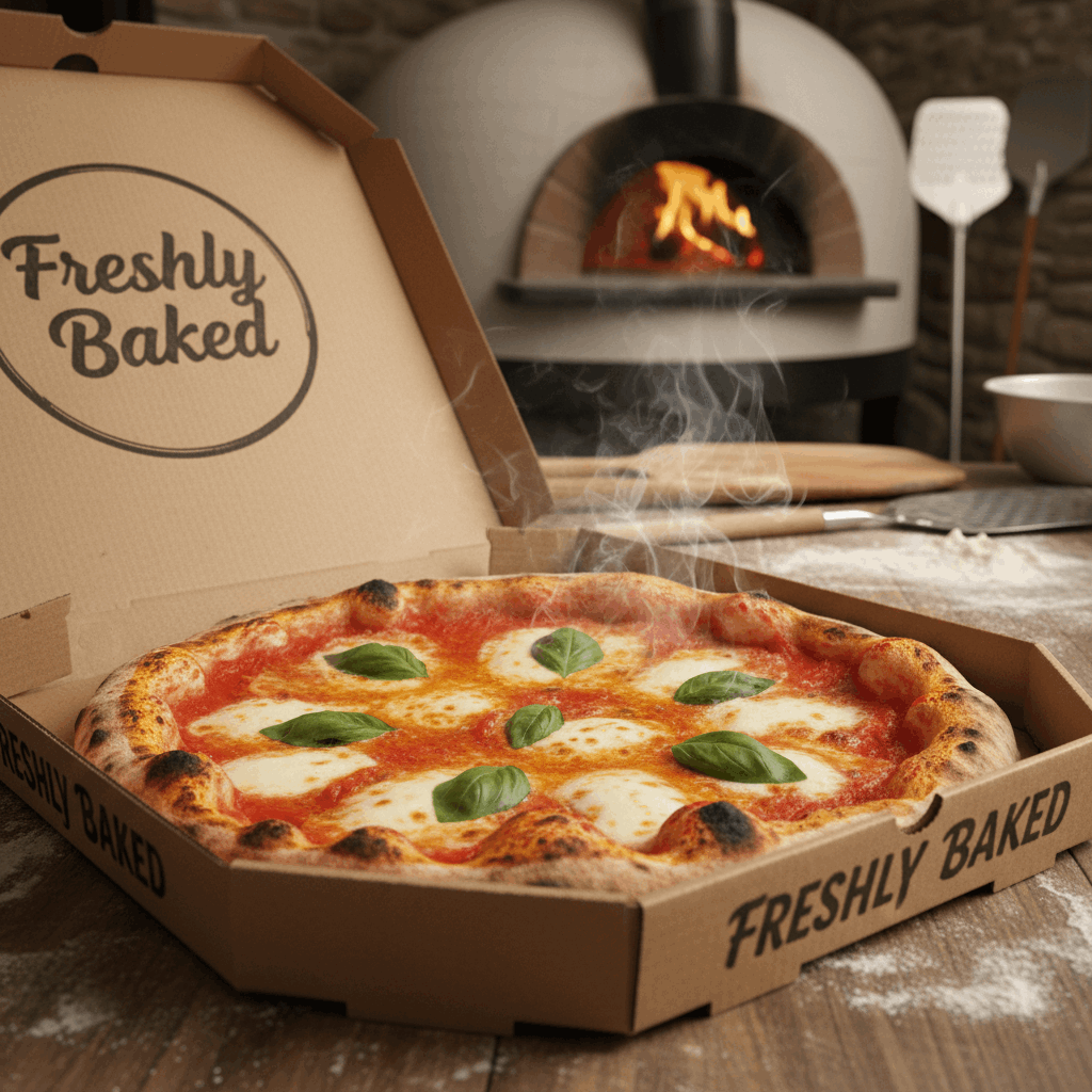 Freshly baked margherita pizza in 14 inch pizza box from wood-fired oven