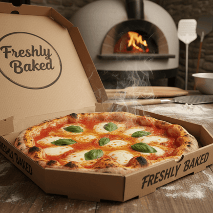 Freshly baked margherita pizza in 14 inch pizza box from wood-fired oven