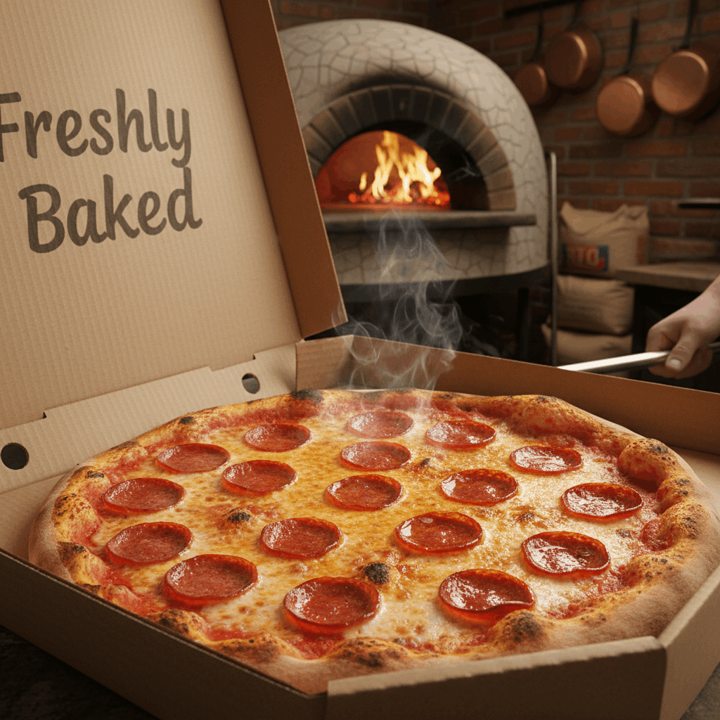 Freshly baked pepperoni pizza in 14 inch pizza box from wood-fired oven