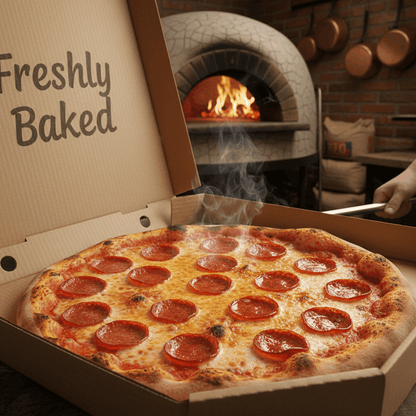 Freshly baked pepperoni pizza in 14 inch pizza box from wood-fired oven