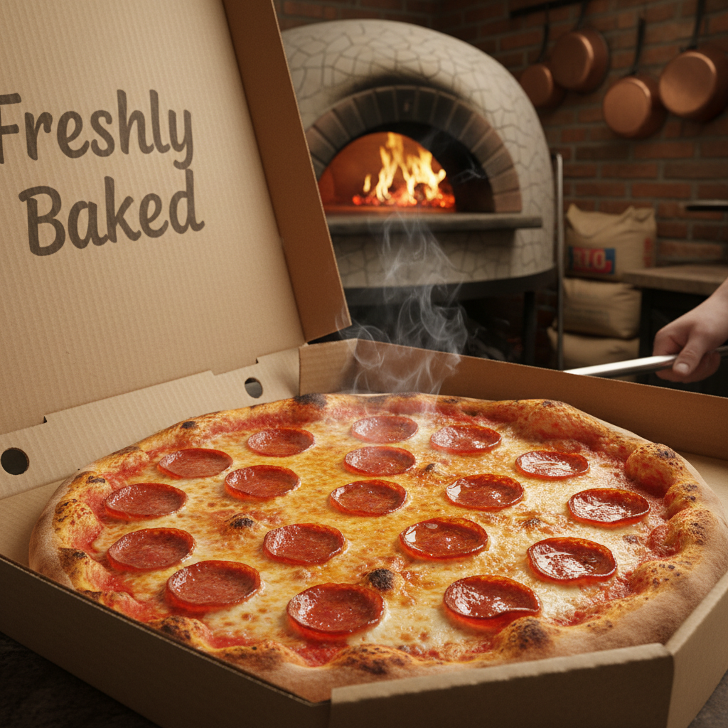 Freshly baked pepperoni pizza in 14 inch pizza box from wood-fired oven