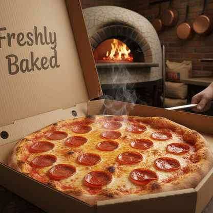 Freshly baked pepperoni pizza in 14 inch pizza box from wood-fired oven
