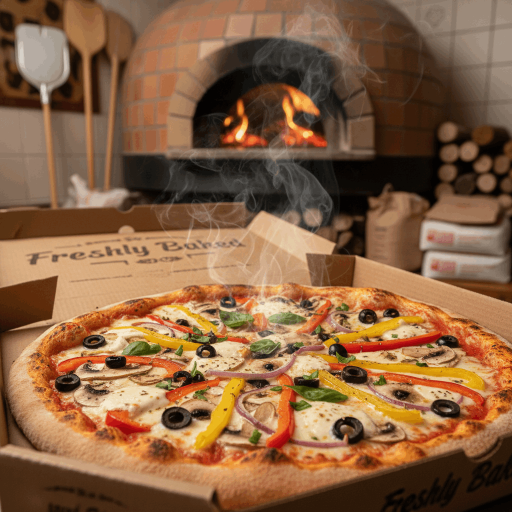 Freshly baked vegetable pizza in 14 inch pizza box from wood-fired oven