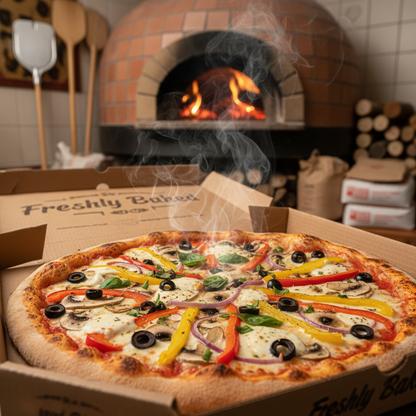Freshly baked vegetable pizza in 14 inch pizza box from wood-fired oven
