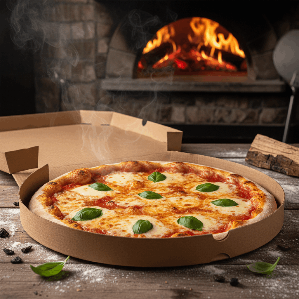 Freshly cooked margherita pizza in 9 inch kraft pizza box from wood-fired oven