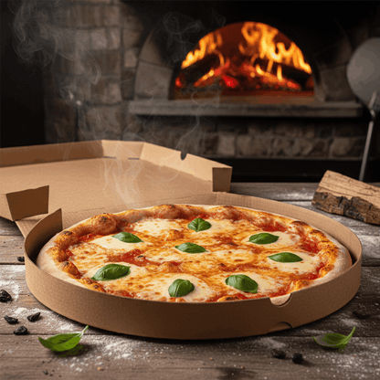 Freshly cooked margherita pizza in 9 inch kraft pizza box from wood-fired oven