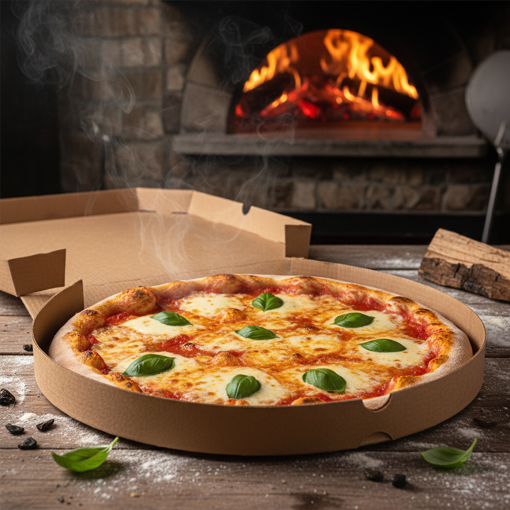 Freshly cooked margherita pizza in 9 inch kraft pizza box from wood-fired oven