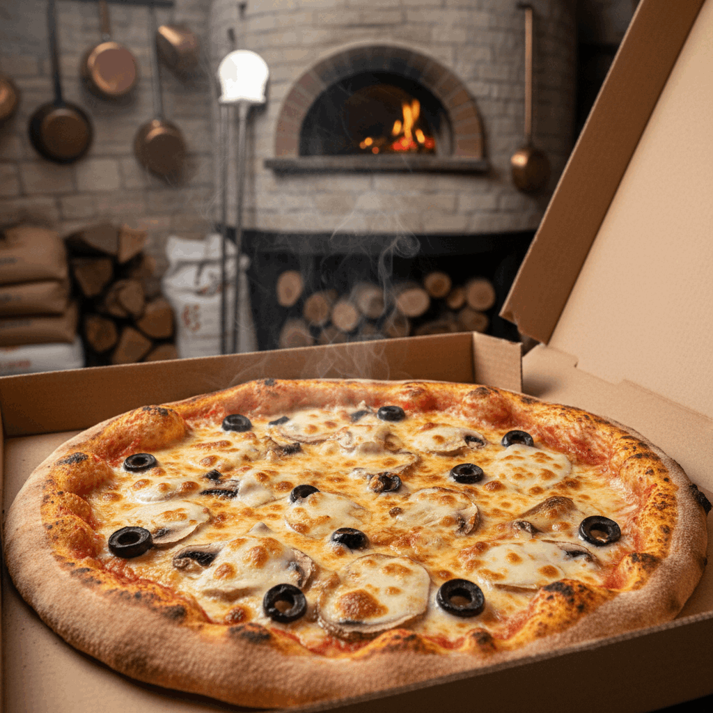 Freshly cooked mushroom and olive pizza in 9 inch kraft pizza box from wood-fired oven