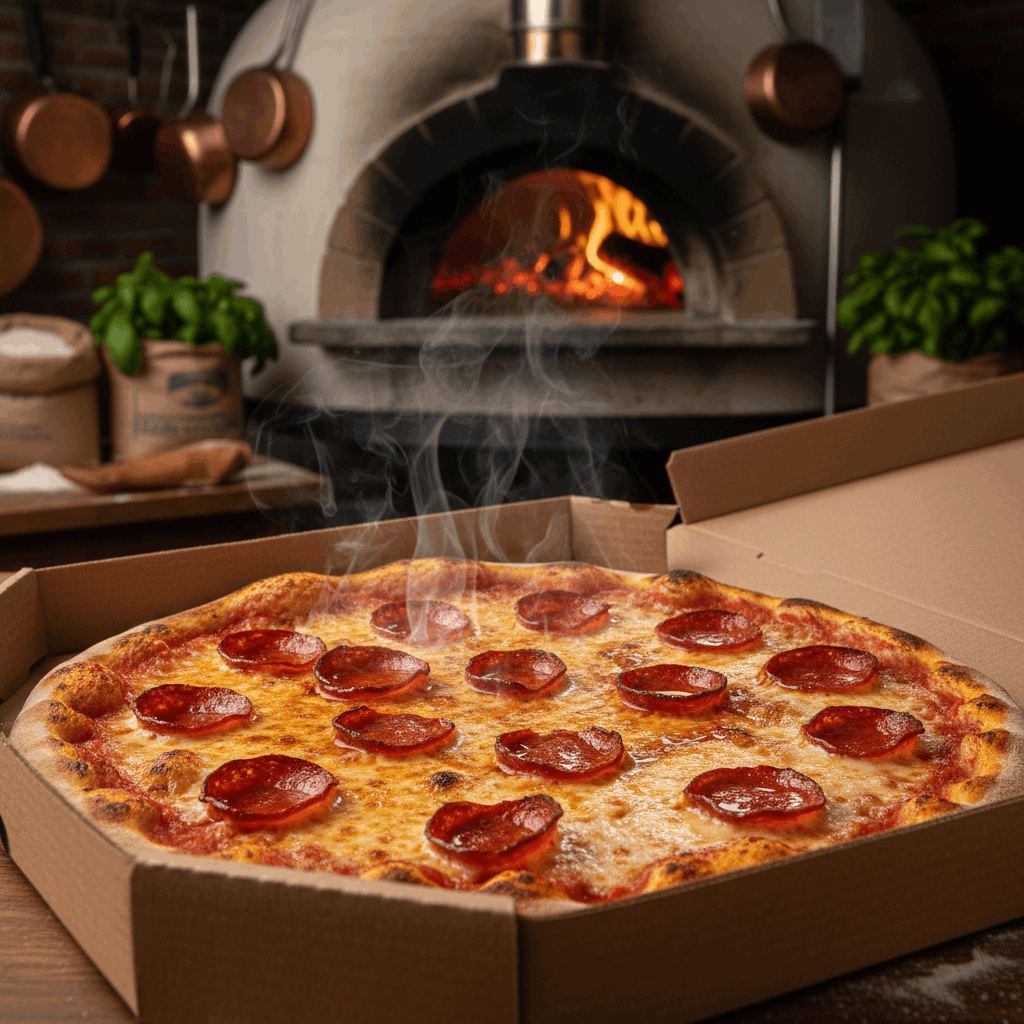 Freshly cooked pepperoni pizza in 9 inch kraft pizza box from wood-fired oven