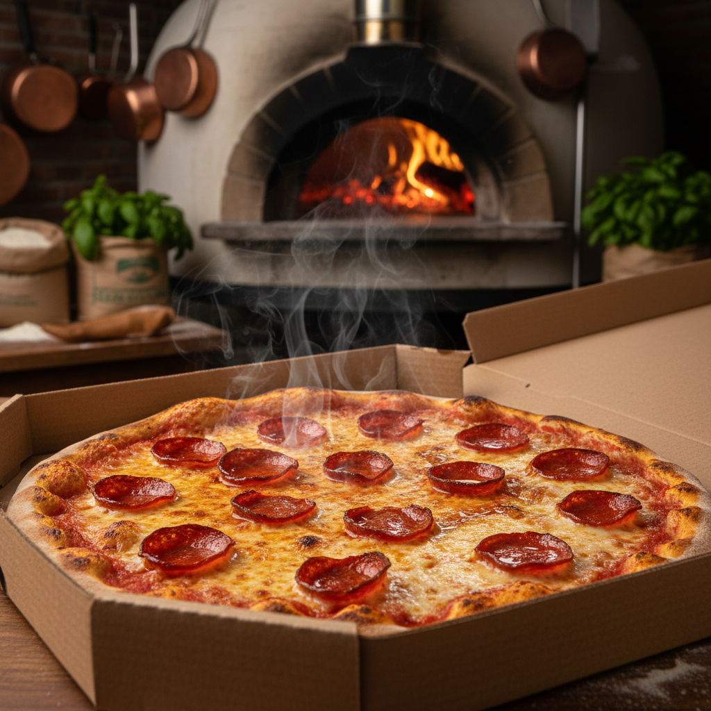 Freshly cooked pepperoni pizza in 9 inch kraft pizza box from wood-fired oven