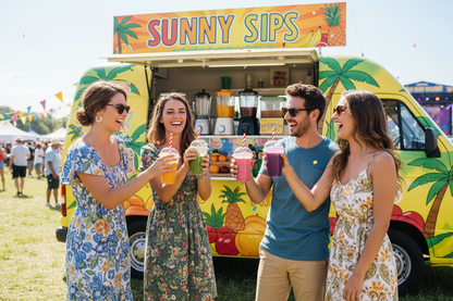 Friends at festival with juice van holding clear juice cups