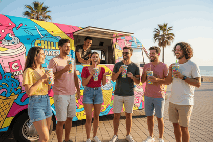 Friends drinking from Chill cold cups beside mobile milkshake van