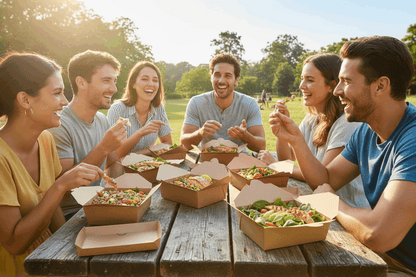 Friends enjoying food from kraft biobox containers at wooden picnic table