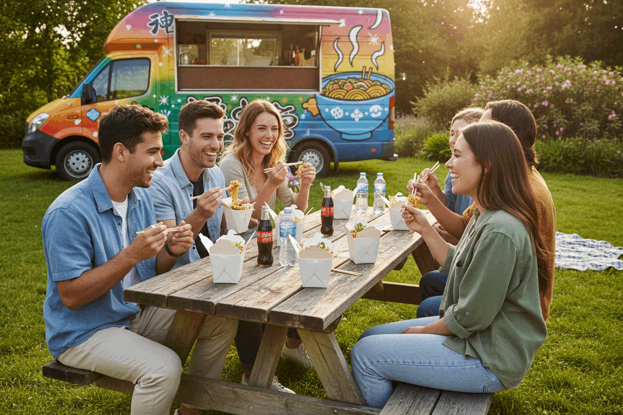 Friends enjoying noodles from white noodle boxes at outdoor picnic with food van