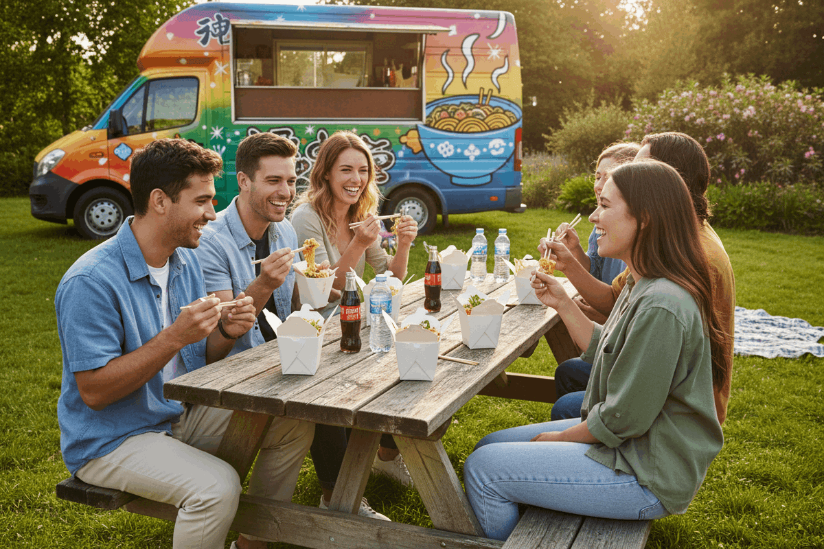 Friends enjoying noodles from white noodle boxes at outdoor picnic with food van