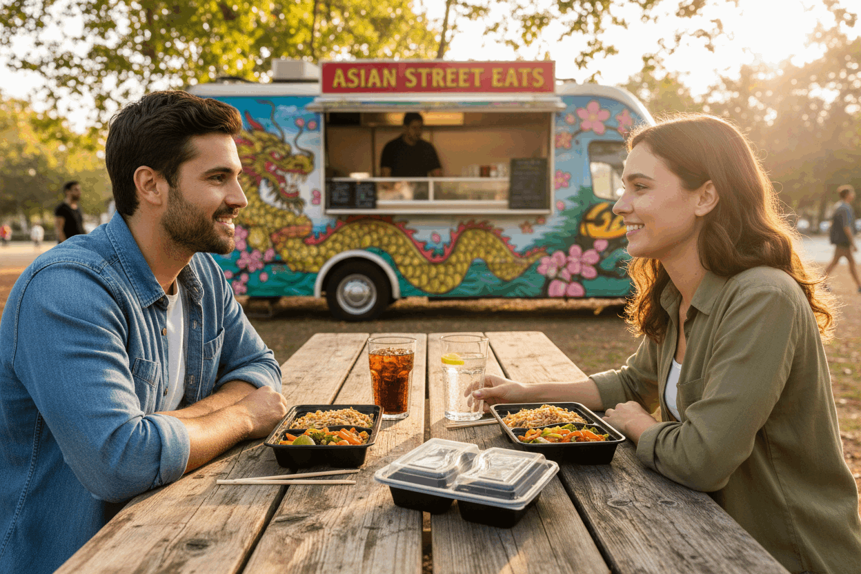Friends enjoying pad thai at food van