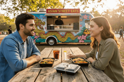 Friends enjoying pad thai at food van