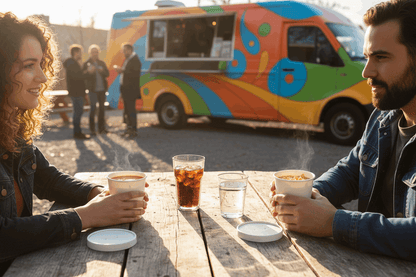 Friends enjoying soup at food van