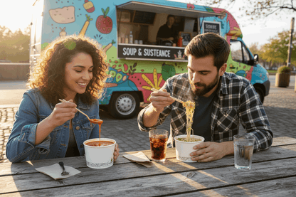 Friends enjoying soup at food van