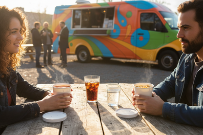 Friends enjoying soup at food van