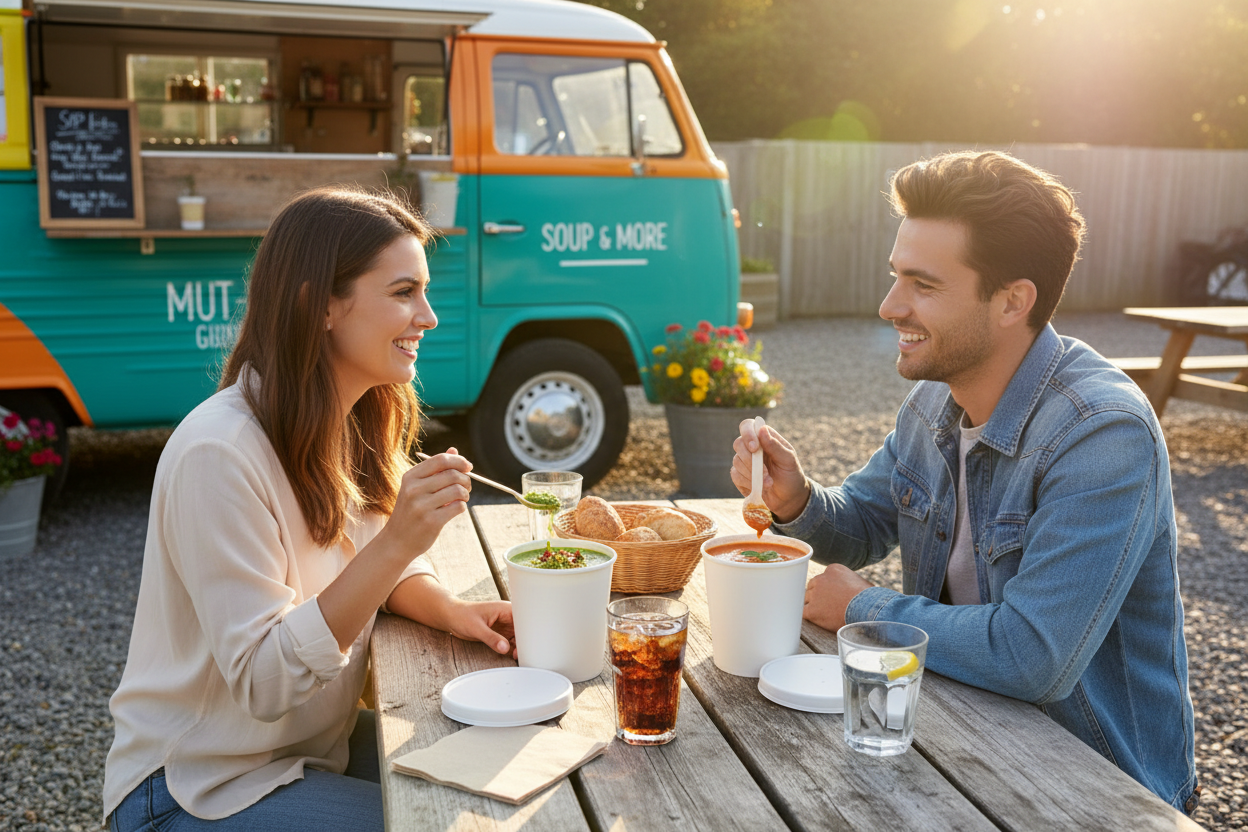Friends enjoying soup at food van