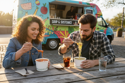Friends enjoying soup at food van