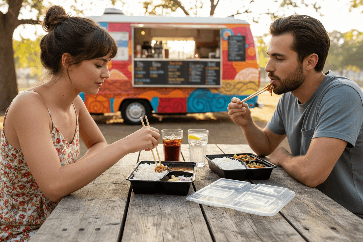 Friends enjoying teriyaki chicken at food van