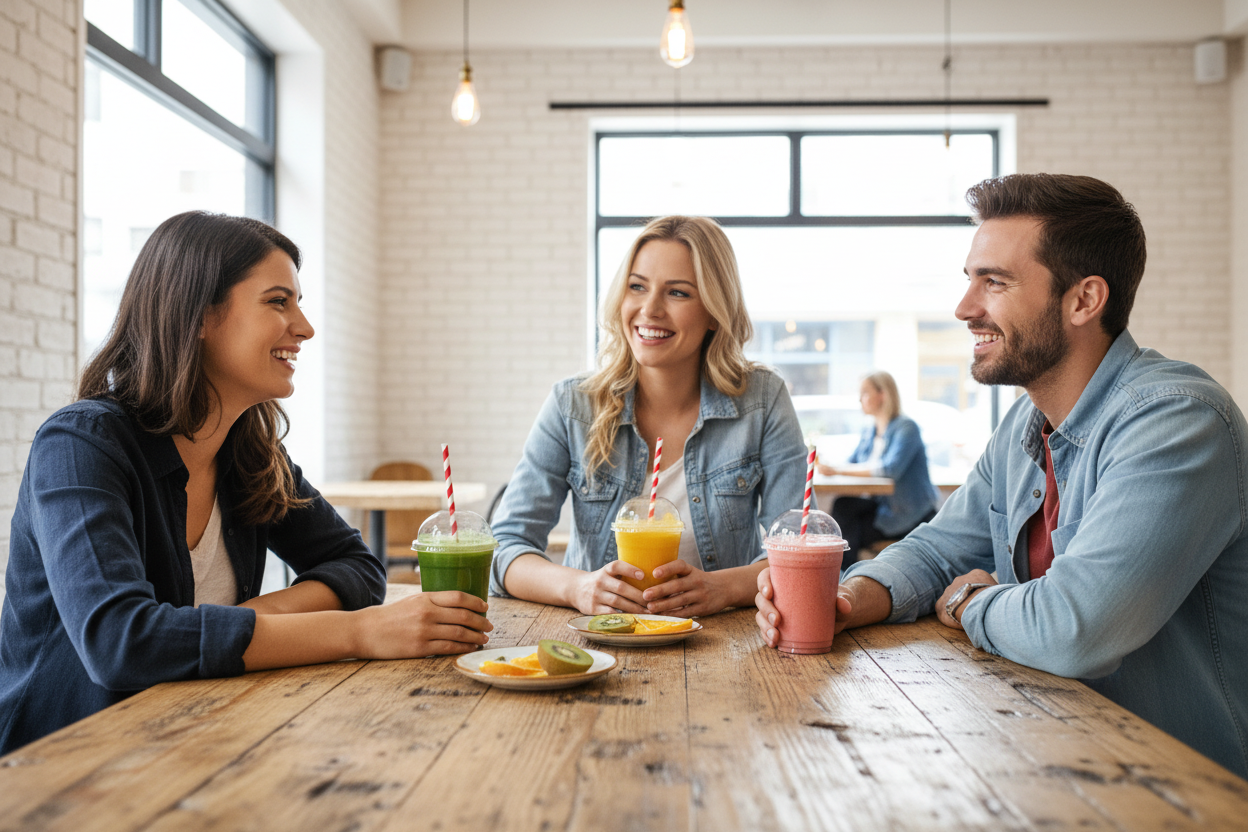 Friends in café sitting at wooden table with juice cups