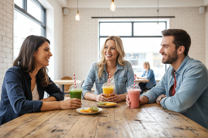 Friends in café sitting at wooden table with juice cups