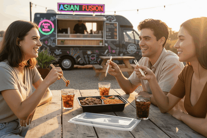 Friends sharing Korean food at food van