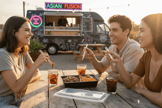 Friends sharing Korean food at food van