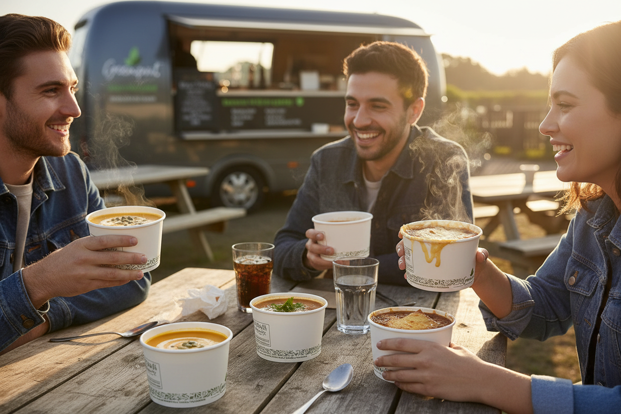 Friends sharing soup at eco food van