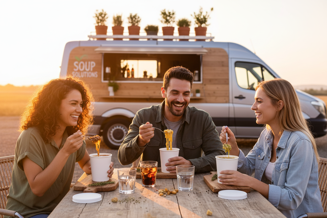 Friends sharing soup at eco food van