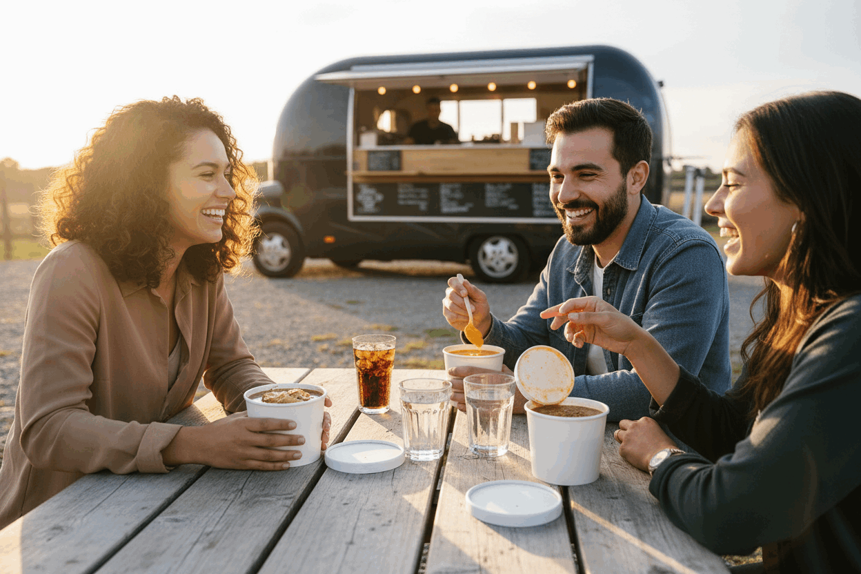 Friends sharing soup at food van