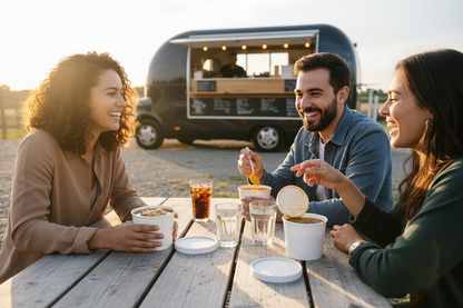 Friends sharing soup at food van