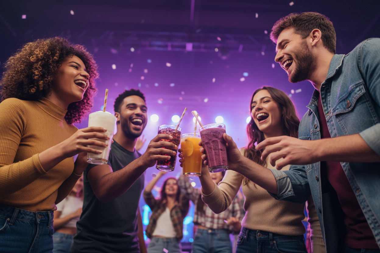 Friends toasting with drinks at concert