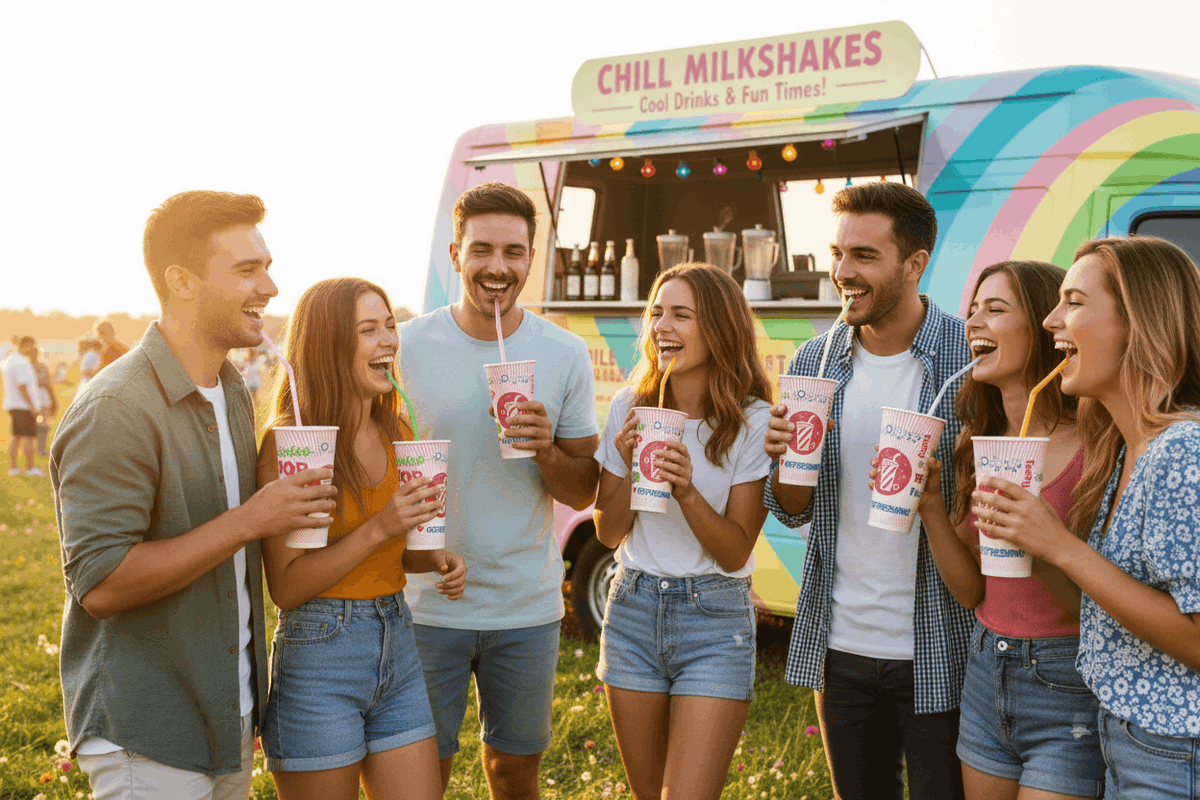 Friends with Chill cups at mobile milkshake van