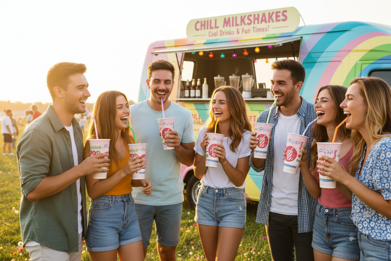 Friends with Chill cups at mobile milkshake van
