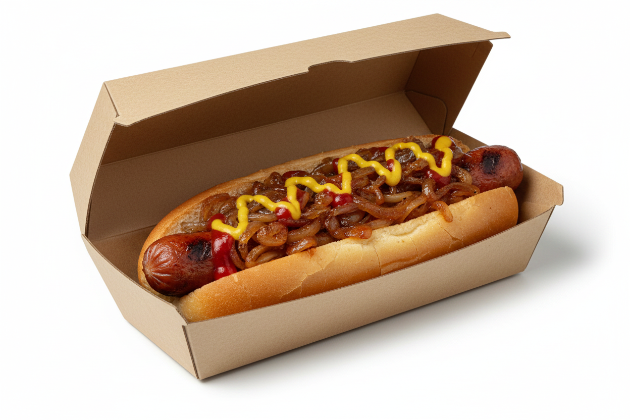 Gourmet hot dog in kraft clamshell box
