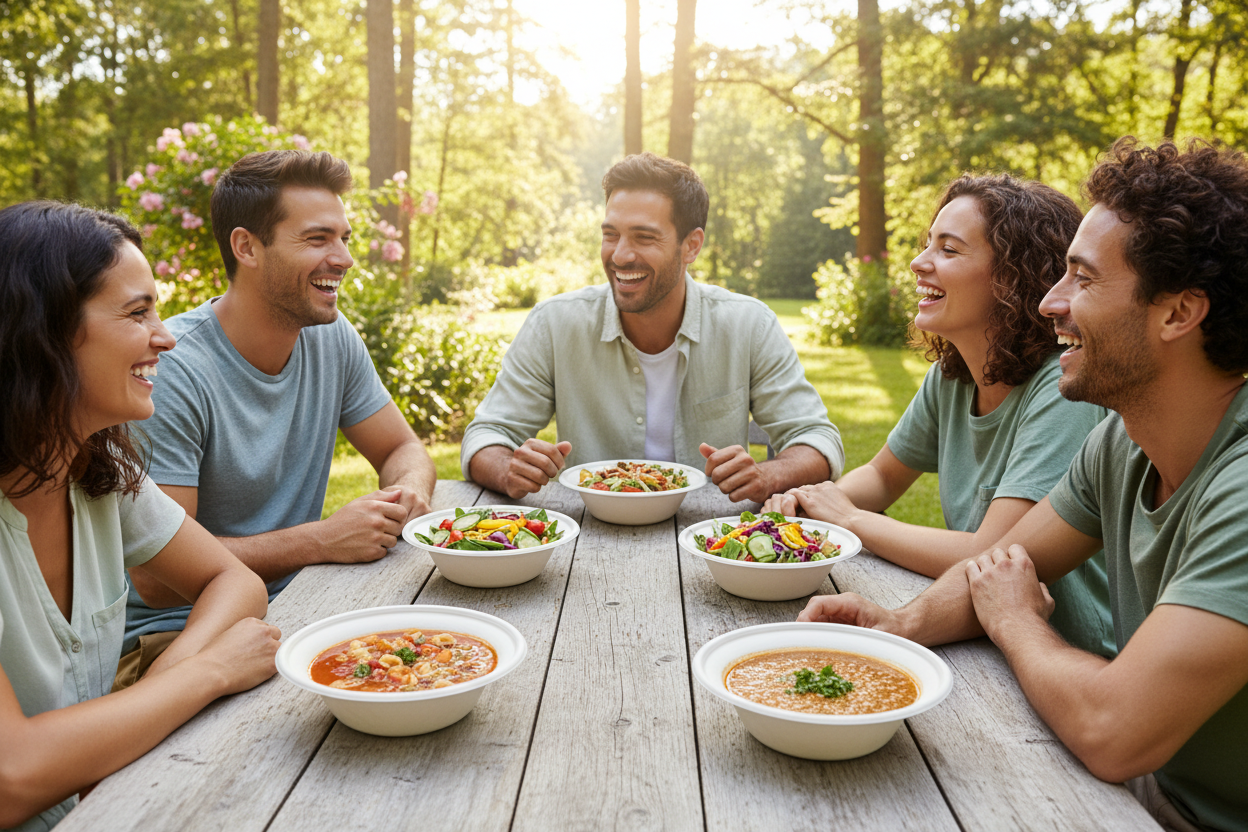 Group laughing and enjoying healthy soups and salads in wide rim bagasse bowls at outdoor farmhouse table