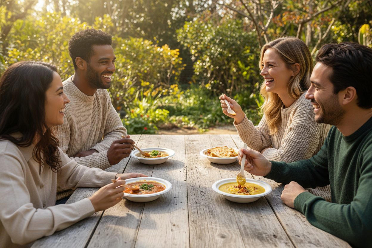 Group laughing and enjoying hearty soups in bagasse bowls at outdoor farmhouse table