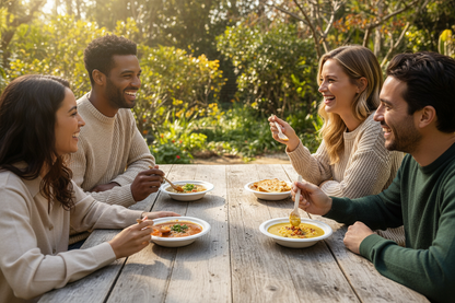 Group laughing and enjoying hearty soups in bagasse bowls at outdoor farmhouse table