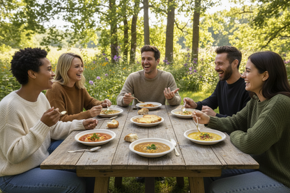 Group laughing and enjoying hearty soups in pulp bowls at outdoor farmhouse table