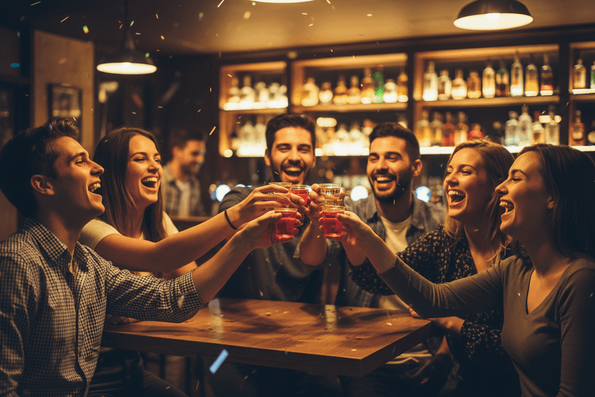 Group of friends at a bar raising and drinking shots from clear plastic glasses