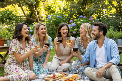 Group of friends at garden party holding plastic wine glasses