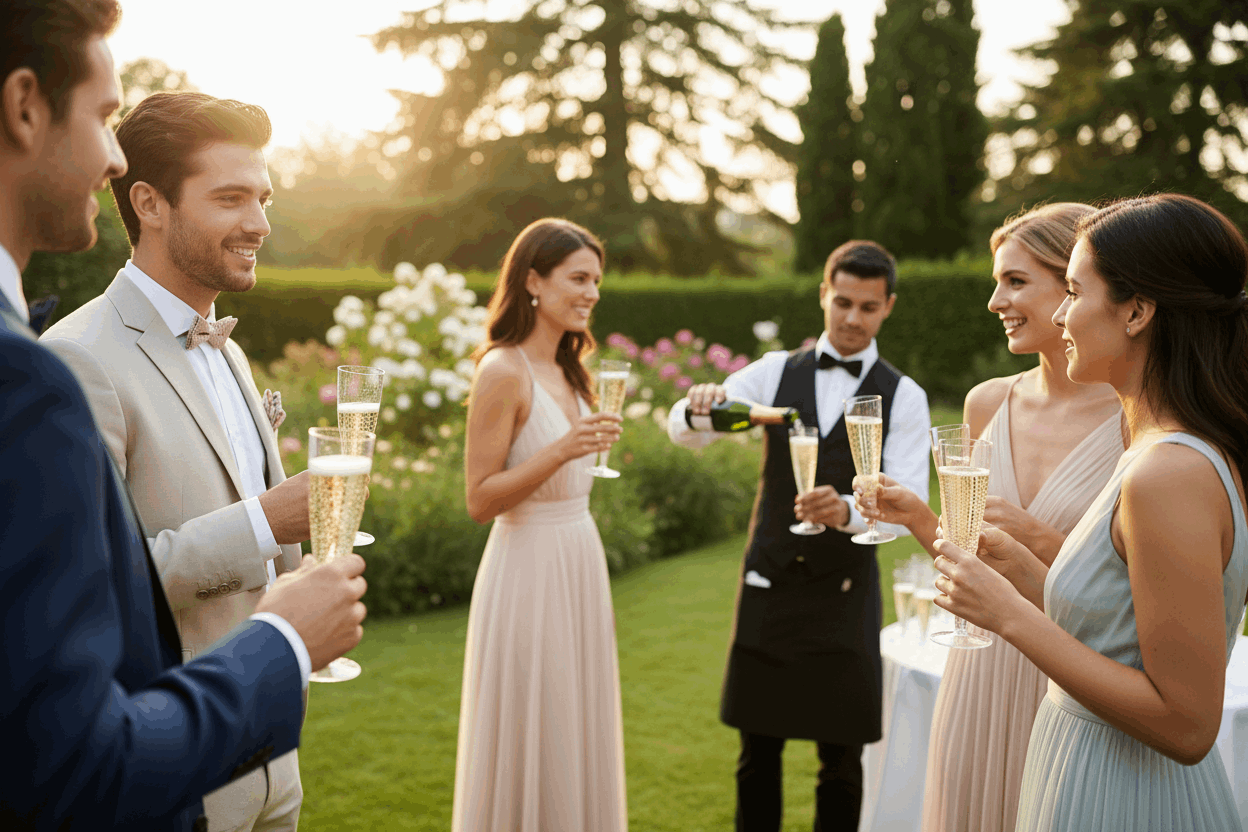 Guests at garden party holding champagne flutes with waiter